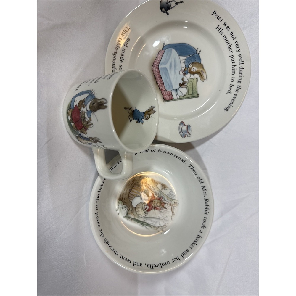 Beatrix Potter Peter Rabbit 3 Piece Nursery Set Wedgwood Mug, Plate & Bowl